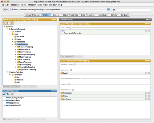 Protégé Entities tab, showing the class hierarchy on the left and the class description on the right